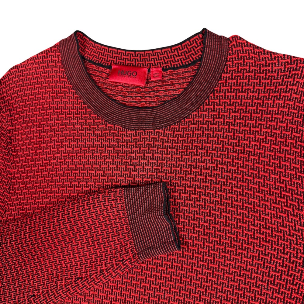 HUGO Hugo Boss Men's Crewneck Sweater XL Red Black Jacquard Logo‎ Knit Tunisia